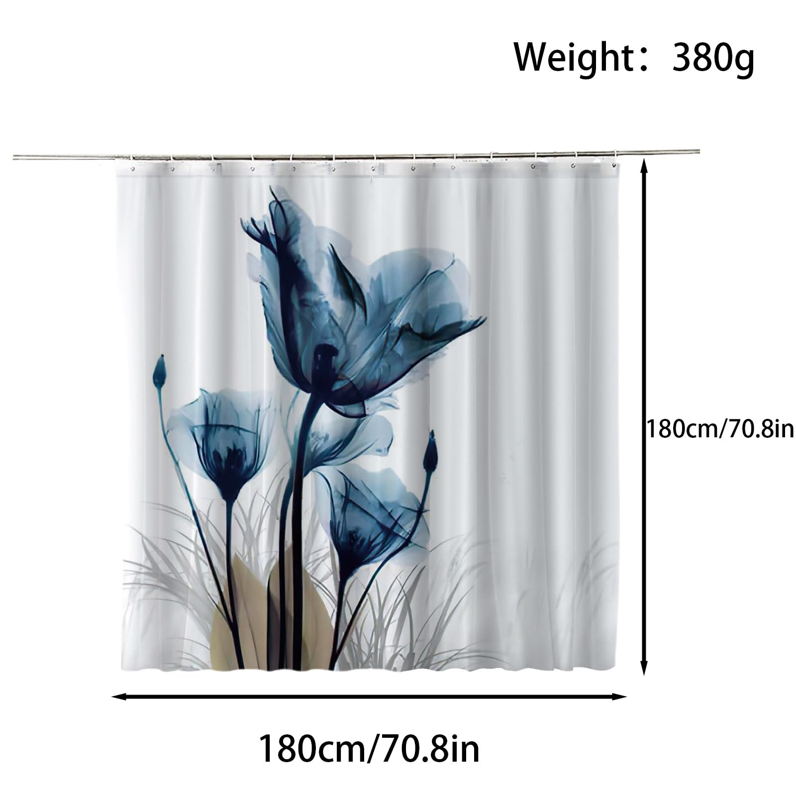 FAIRYGATE Garden Shower Curtain Blue Watercolor Floral Wildflower Plants Bathroom Curtains 180 x 180 cm Waterproof Mildew & Mould Resistant Polyester Fabric Bath Curtain with 12 Hooks B8209 - Image 2