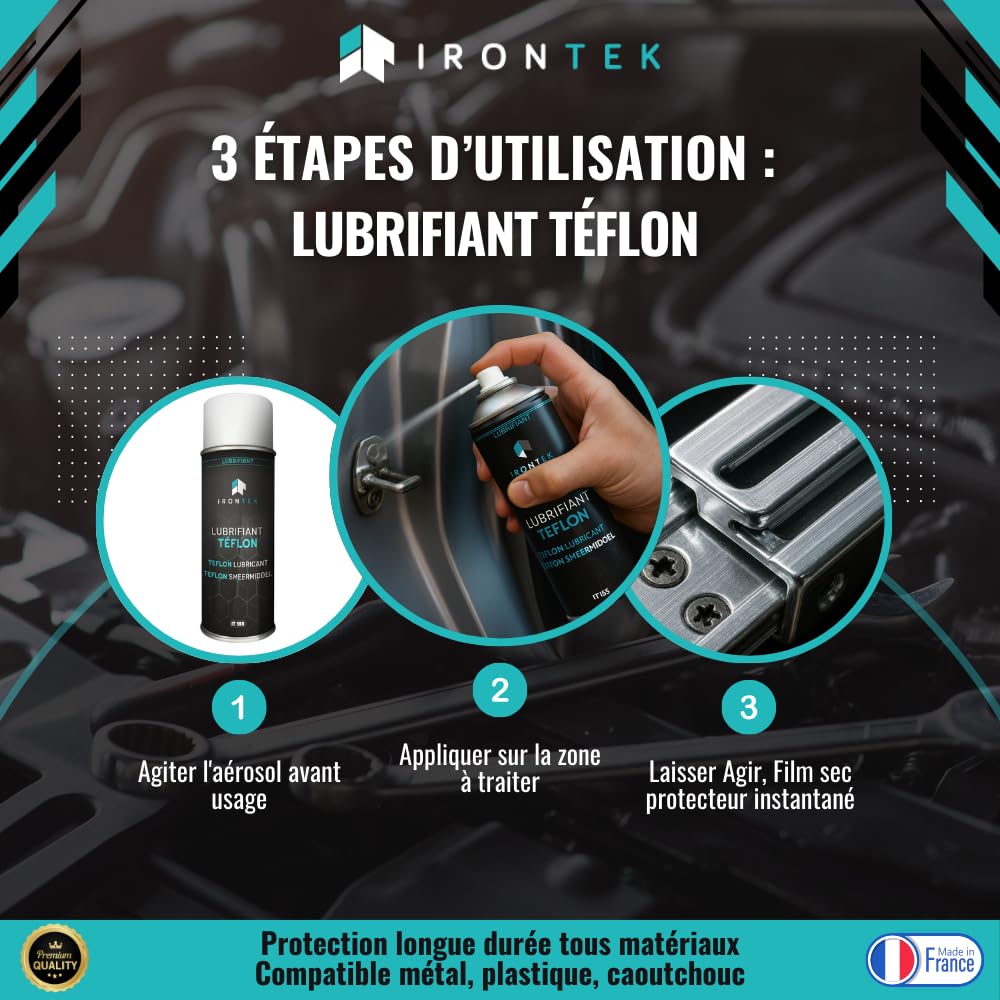 Lubrifiant Téflon PTFE 500ml - IRONTEK | IT155 | Haute température, Pression extrême, Lubrification sèche | Protège, dégrippe, évite la poussière, Usage Plastique métal | Efficacité Durable