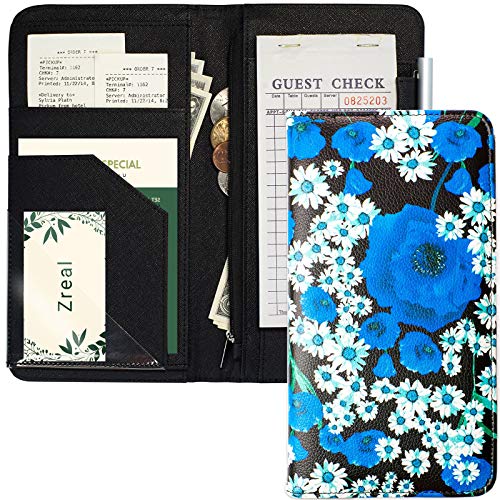 Server Book with Zipper Pocket, 5x9 Waitress Book with Money Pocket, Magnetic Closure Pocket for High Volume, Restaurant Waitstaff Organizer Fit Waitress Apron (Blue Flower)