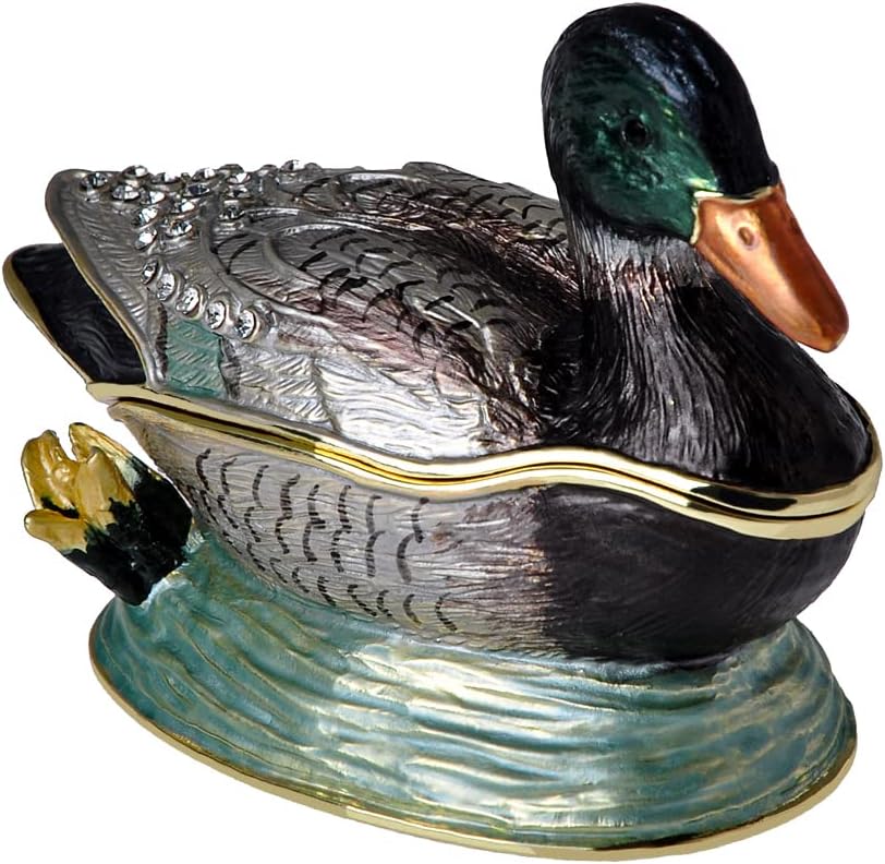 Golden Crystal Enameled Mallard Duck Jewelry Box, Hand-Painted Hinged Bird Trinket Box, Elegant Home Décor & Gift for Bird Lovers