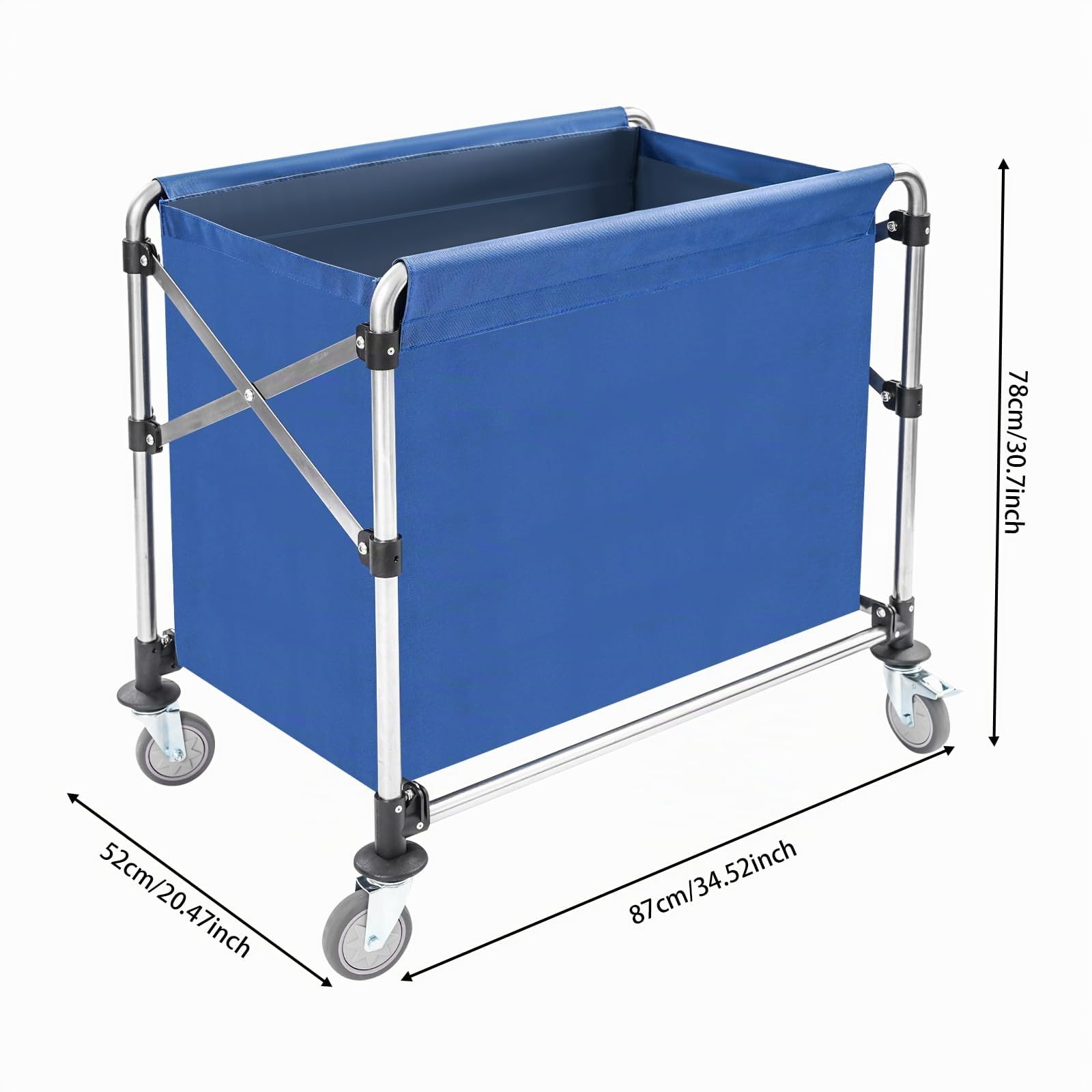 Carrito de lavandería de acero inoxidable, con ruedas, plegable, capacidad de carga de hasta 200 kg, para casa o hotel, 87 x 52 x 78 cm (azul)