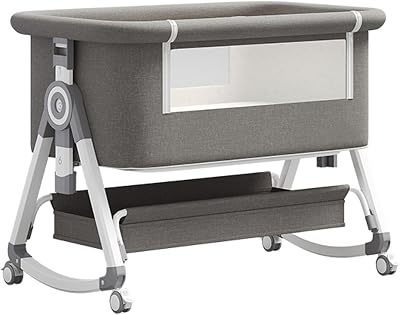 GLOKID Cuna de Noche 3 en 1，Cuna de Cabecera，con Colchón，Altura e inclinación Ajustables, 4 Ruedas bloqueables，Mosquitera，Lavable (Gris)