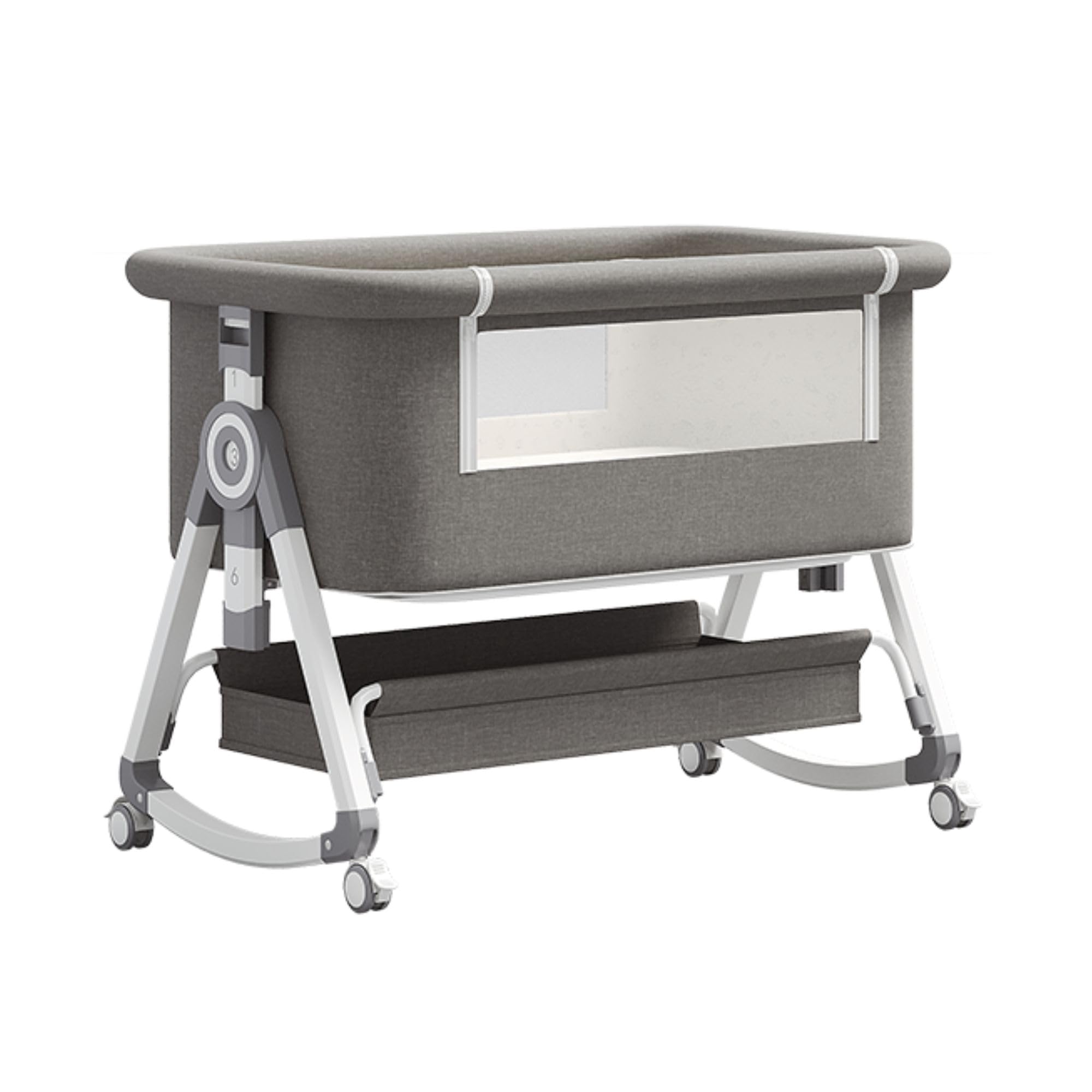 GLOKID 3in1 Baby Beistellbett Reisebett, Babybetten, Mit Rollen, Sechs Ebenen Stufen Höhenverstellung, Wiege, Höhenverstellug und Einstellung der Neigung der Matratze (Grau)