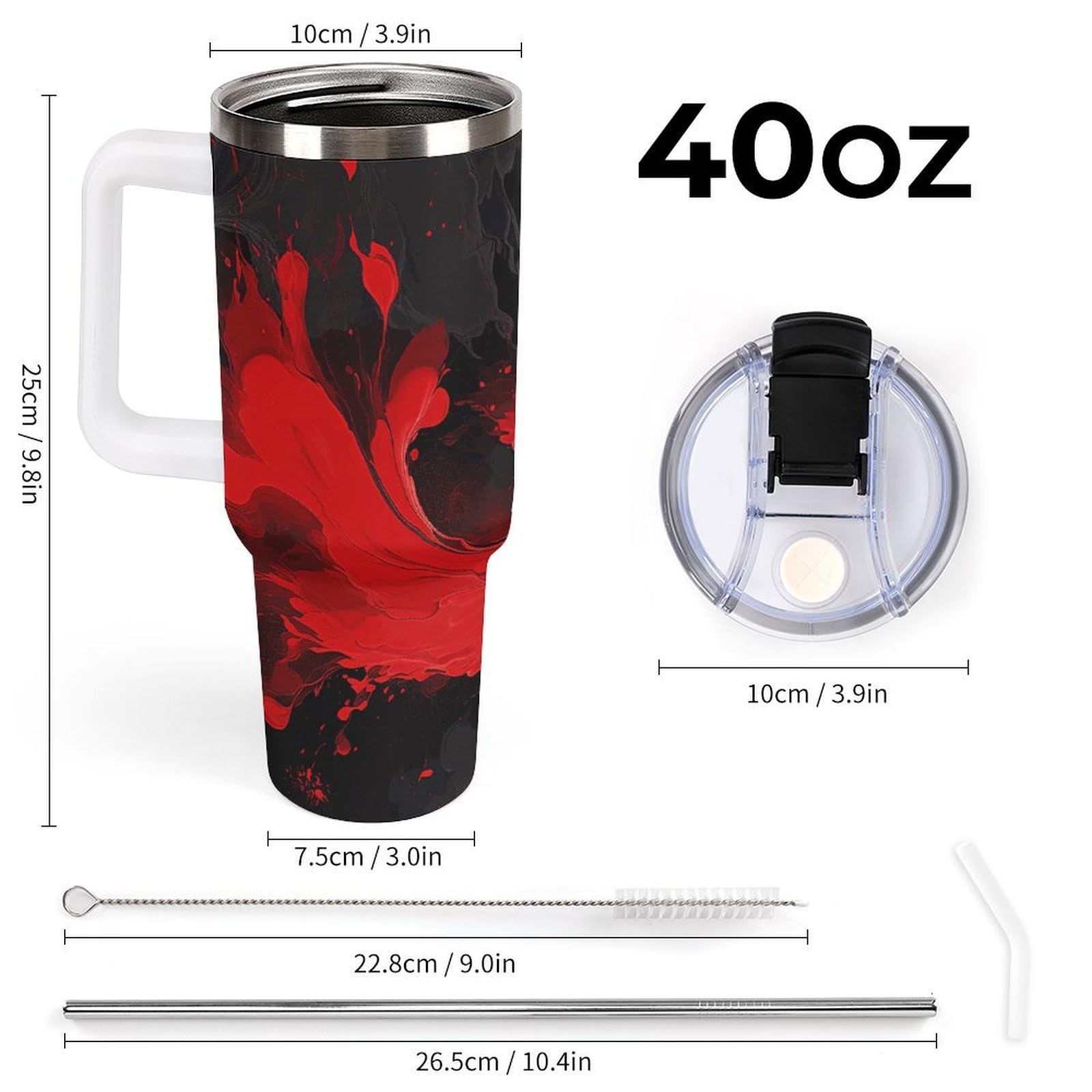 Autobecher aus 304 Edelstahl, abstrakter Becher mit Strohhalm und auslaufsicherem Deckel, großes Fassungsvermögen, vakuumisolierter Reisebecher für Auto-Becherhalter, 1,2 l, Rot / Schwarz
