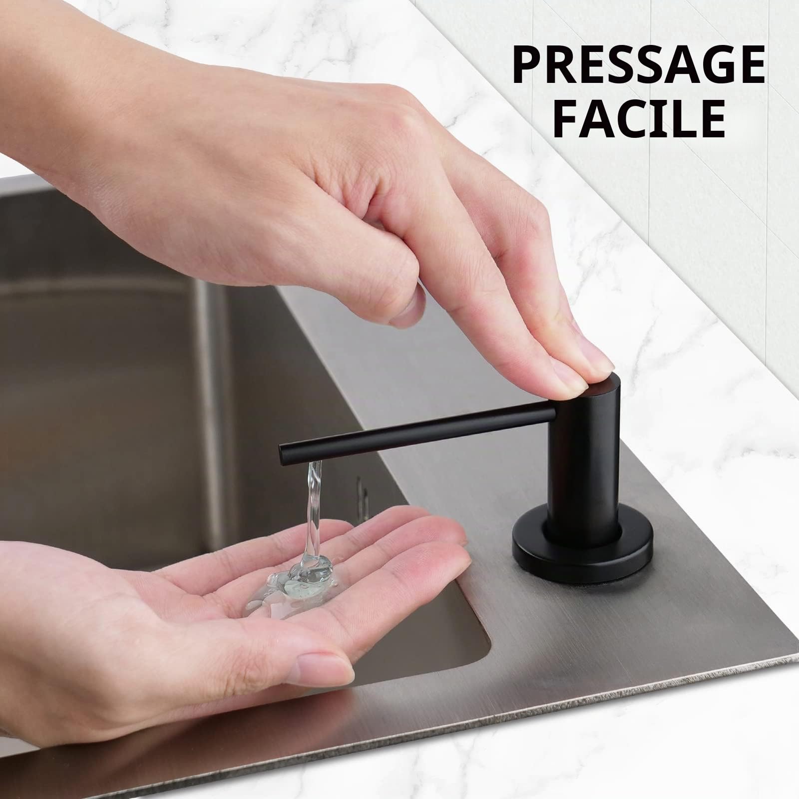 Distributeur Savon Encastrable AIKE pour Cuisine et Salle de Bain, avec Pompe en Acier Inoxydable, Bouteille de 500 ML, Remplissage du Haut, Noir