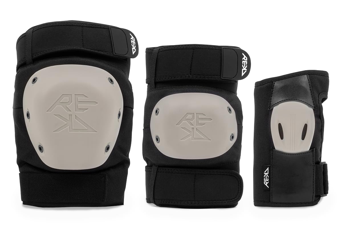 REKD Shield Triple Pad Set, Black/Beige XS, with Exclusive Knee & Elbow Caps and 360° Wrist Protection. Comfortable and Easy to Put on Over or Under Clothing with Hook & Loop Closure