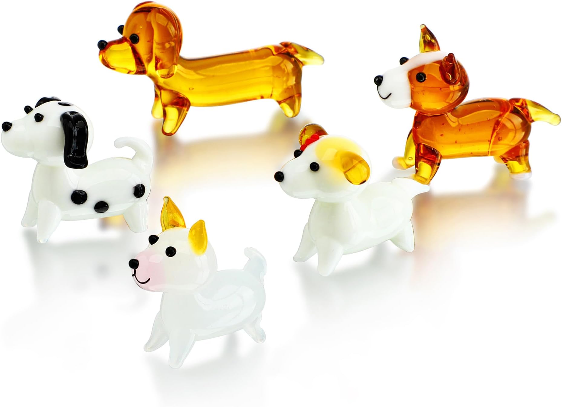 5 Pack Hand Blown Glass Dog Figurines,Miniature Dog Figurines Sets,Blown Glass Art Animal Figurine for Collectible, Home Decor Gift