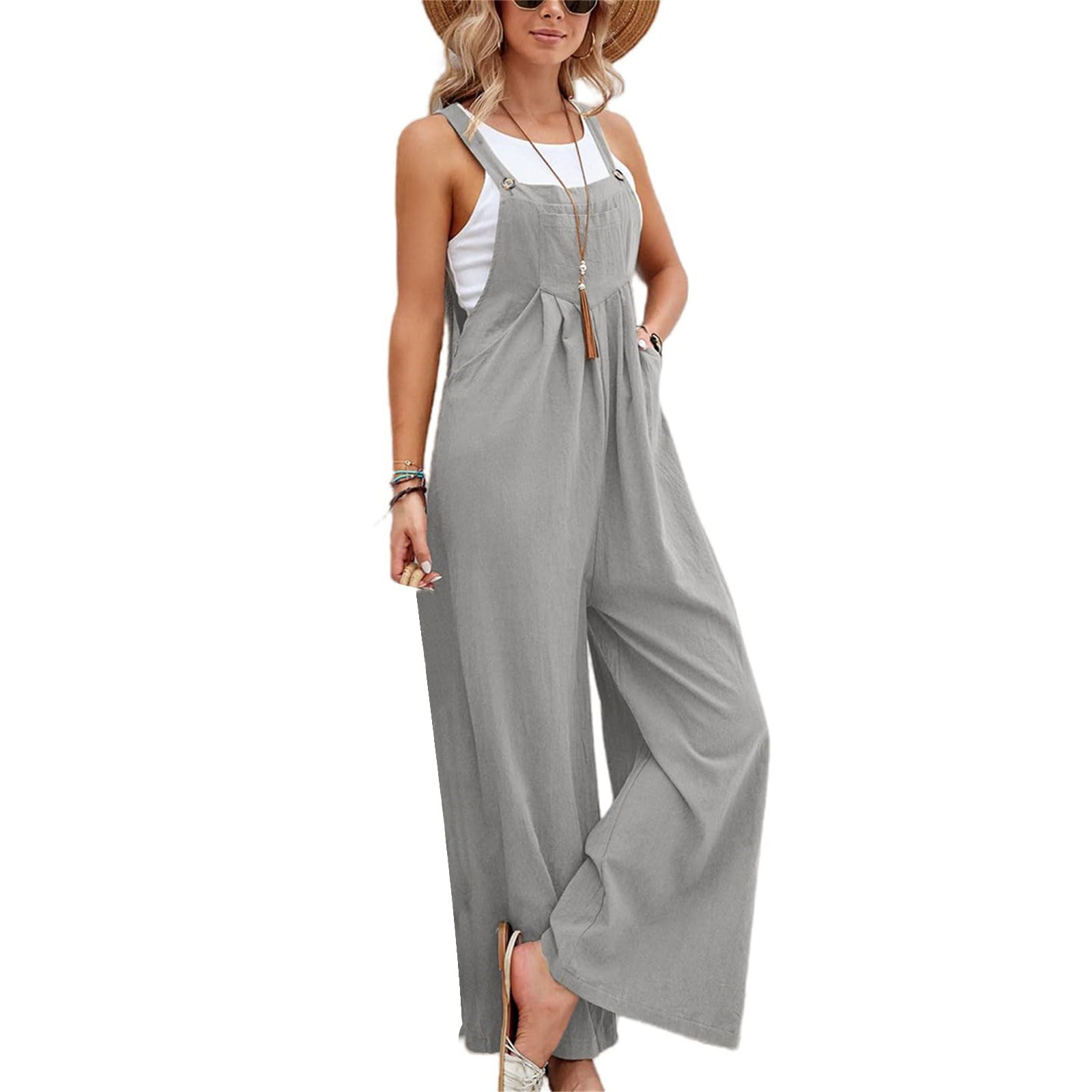 Kubbon Womens Wide Leg Jumpsuits Sleeveless Straps Bib Overalls Summer Baggy Casual Pants Rompers Overalls with Pockets