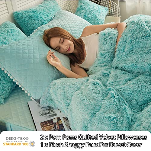 Liferevo Luxury Plush Shaggy Duvet Cover Set, Soft Velvet Fluffy Furry Duvet Cover Set(1 Faux Fur Fuzzy Comforter Cover + 2 Pom Poms Pillowcases) Bedding Set, Zipper Closure(Full/Queen, Ombre Aqua) #TOP2