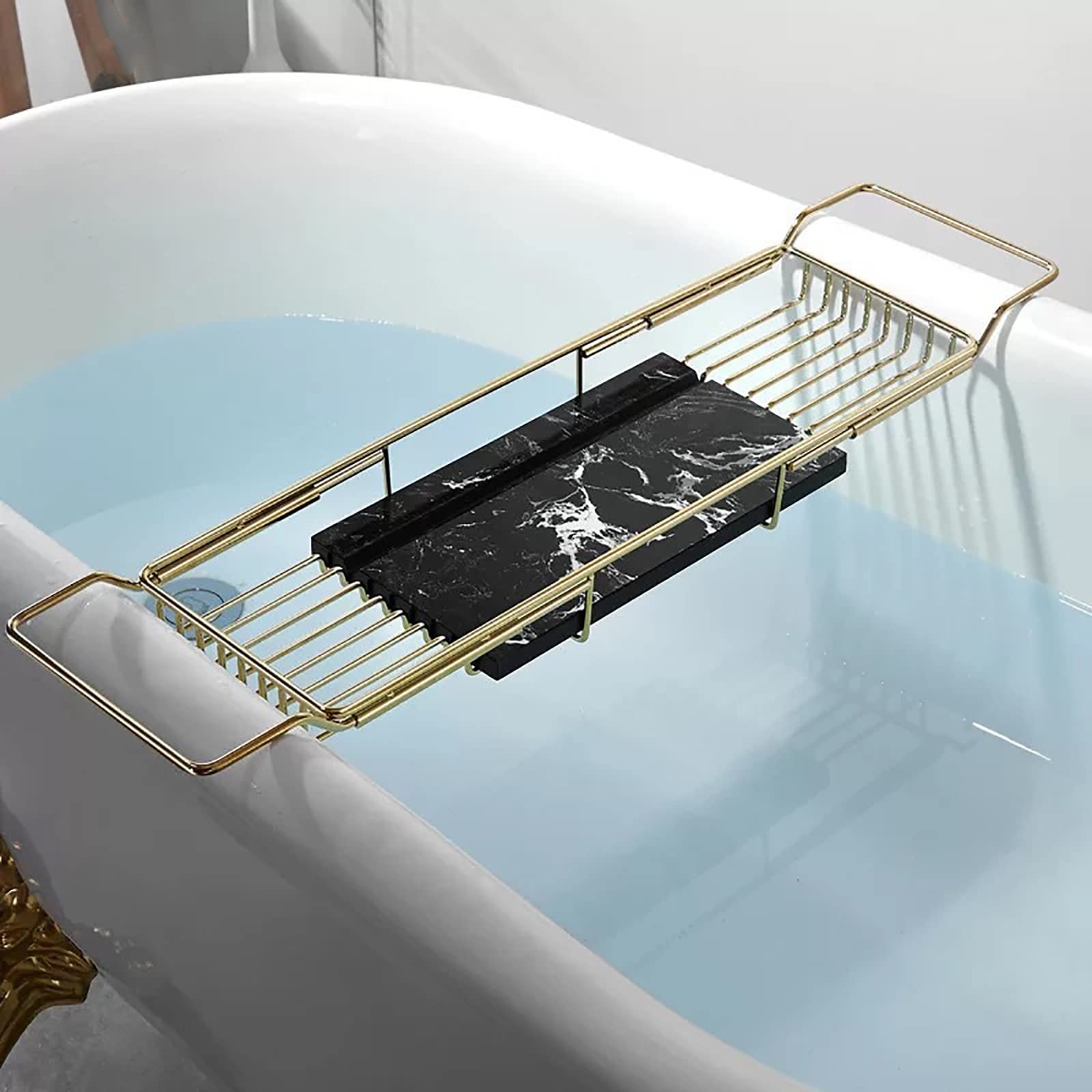 Bandeja de baño de metal expandible con soporte para copas de vino, organizador premium para bañeras de 68 a 90 cm, accesorio de baño ideal para relajación y comodidad