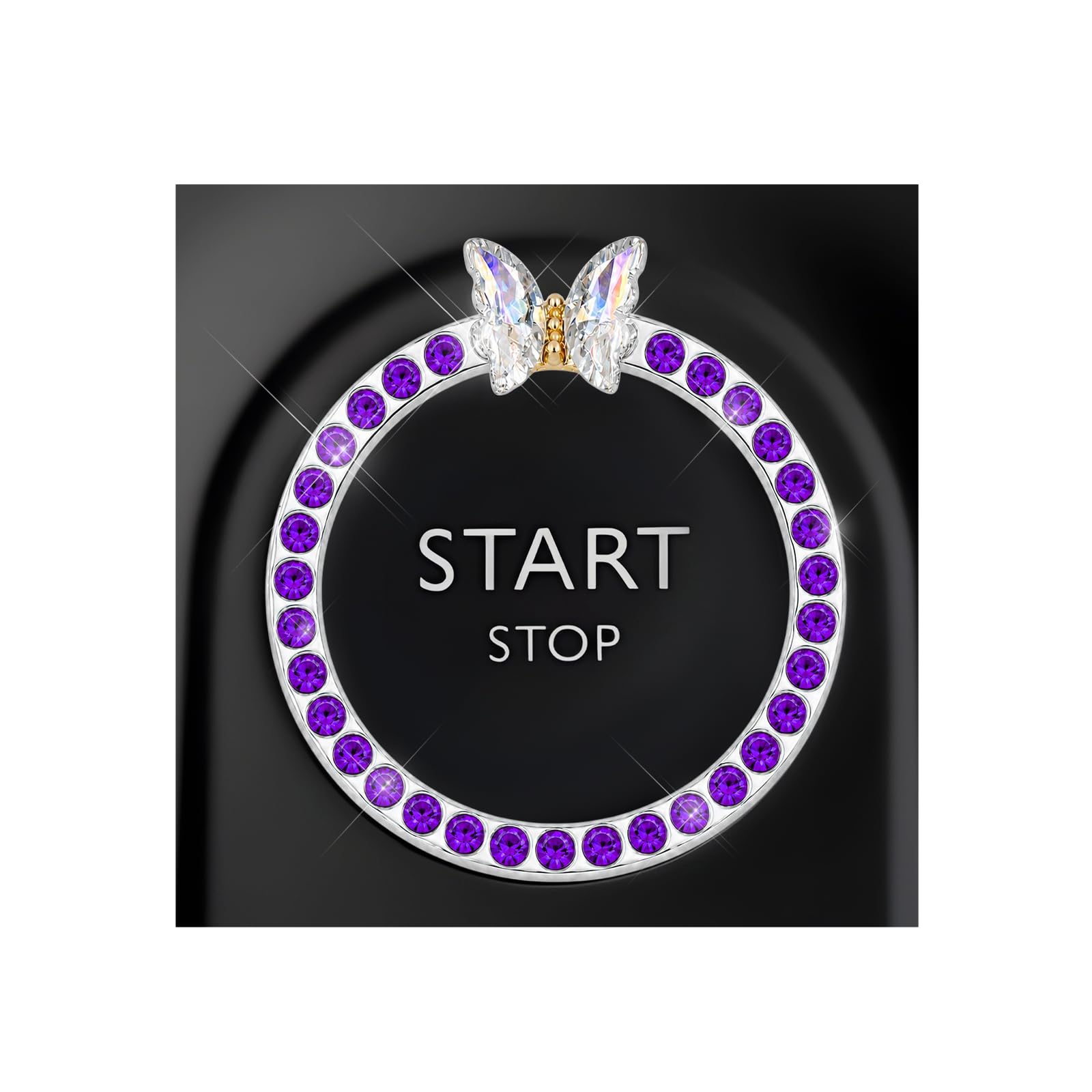 DXNQ Bling Ring Emblem, Sparkling Butterfly Car Buttons and Knobs Ring, Girly Butterfly Diamond Car Engine Start Button Cover, Key Ignition Knob Rings Decoration for Women (Purple, Single Row)