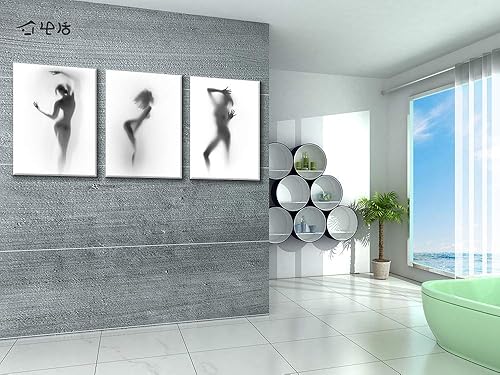 Miniatura 8 de DJSYLIFE Lienzo decorativo para pared de baño, pintura de silueta neblina en blanco y negro, 3 piezas, póster abstracto moderno, para decoración del