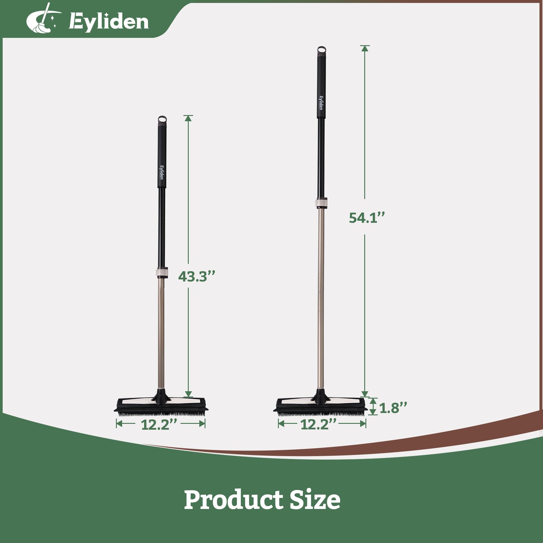 Eyliden Rastrello in gomma per peli di animali domestici, scopa 2 in 1 con tergivetro, manico telescopico da 137,2 cm, spazzola per rimuovere l'acqua dalla pelliccia per tappeti, tappeti, legno duro
