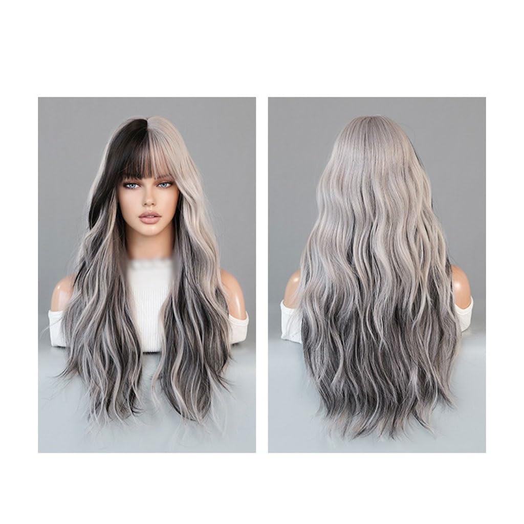Perruque longue gris dégradé avec frange coupe bouclée effet naturel femme
