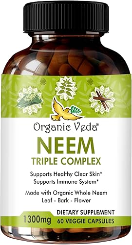 Organic Veda Cápsulas de Neem con extracto de hoja de neem complejo triple, corteza y flor – Suplemento de hierbas aumenta la inmunidad, mejora la
