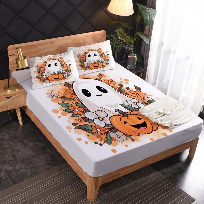 Miniatura 9 de Juego de sábanas tamaño Queen  Juego de sábanas y fundas de almohada de calabaza de Halloween, microfibra suave, bolsillo profundo y sin arrugas, 1