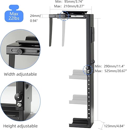Miniatura 4 de Pholiten Soporte para CPU debajo del escritorio, soporte de pared universal para PC debajo del escritorio, soporte de escritorio ajustable para CPU
