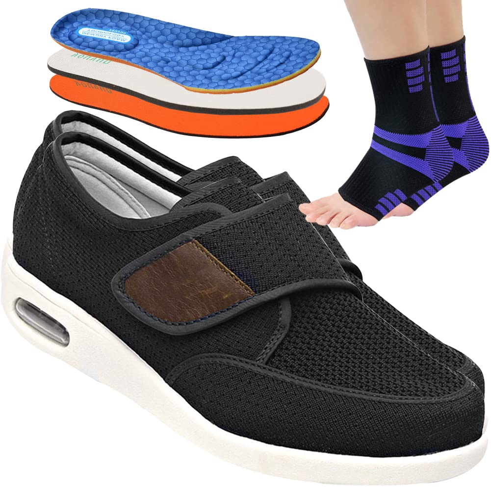 AEHO Unisex Orthopädischer Hausschuhe Herren Diabetiker Hausschuhe breiter fuß mit Memory Foam Sohle Herrenhausschuhe mit Klettverschluss Breit Fitnessschuhe,Schwarz,43 EU