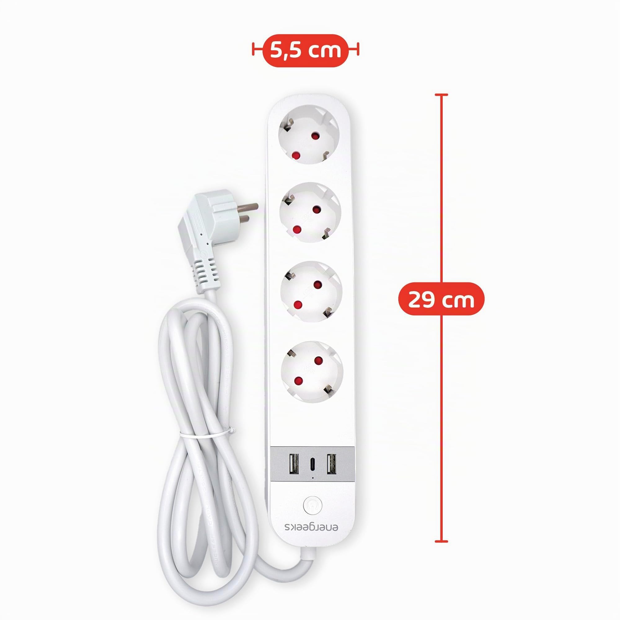 Energeeks - Regleta Enchufe WiFi Inteligente - Medidor de Consumo Integrado - 4 Entradas - 2 USB - 1 USB-C - Tipo Schuko - 2,4 GHz - 16A/3680W - 240V/60Hz - App Móvil - Compatible con Alexa y Google