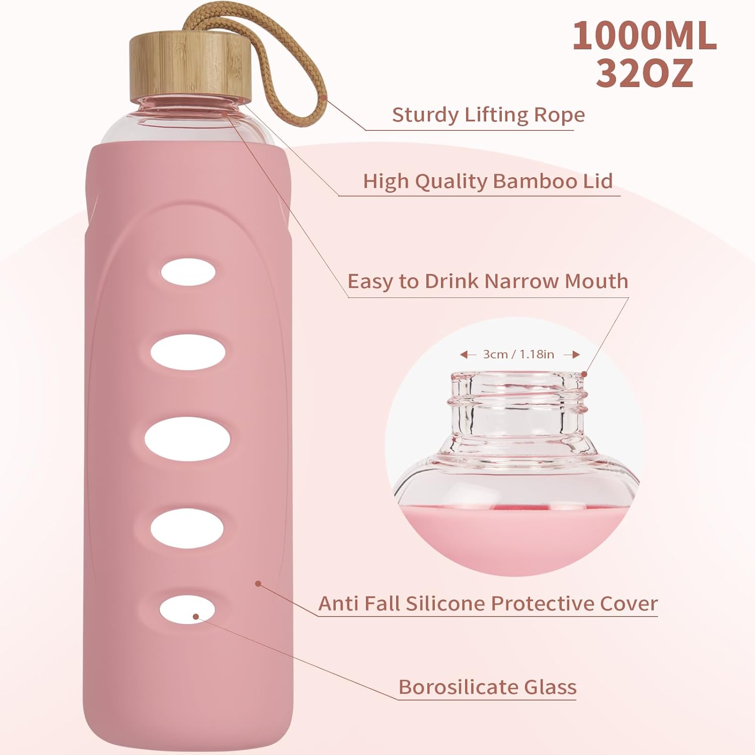 Sport 32oz Glass Water Bottle 1000ml /1 liter Borosilicate Glass Water Bottle Reusable Waterbottle Jugwith Silicone Sleeve and Unique Lid (Pink - Image 2