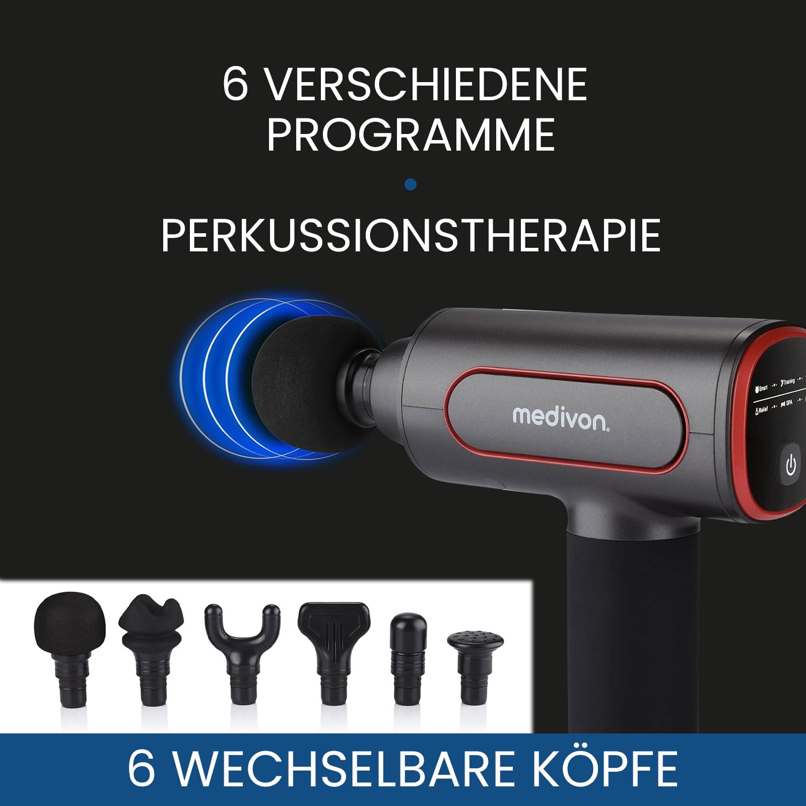 Medivon Gun PRO tragbare Massagepistole 6 Massageköpfe leiser Motor Tiefenmassage für Rücken, Nacken, Bein und Arm Muskeln Tragetasche - schwarz