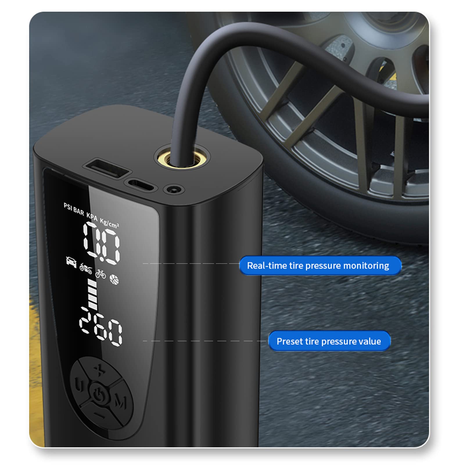 Bomba de Neumáticos Portátil, Inflador Inalámbrico de 150 PSI con Luz LED y Boquillas Multifunción para Coches, Bicicletas y Pelotas