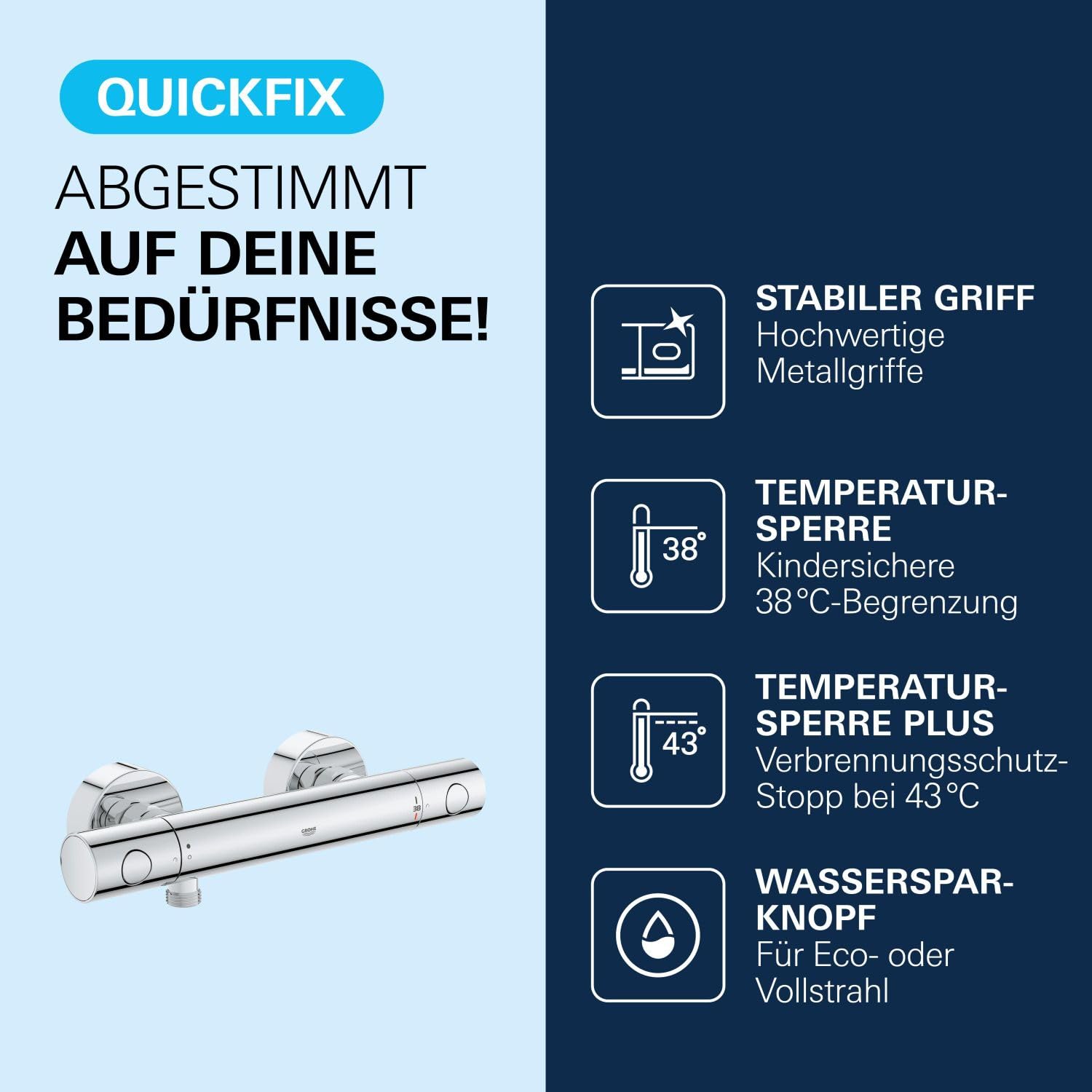 GROHE Precision Get, Duscharmatur, wassersparend (Thermostat für stets konstante Temperatur, Verbrühschutz bei 38°C, Mischbatterie Dusche mit Wasserspartaste und Metallgriffen), chrom, 34773000