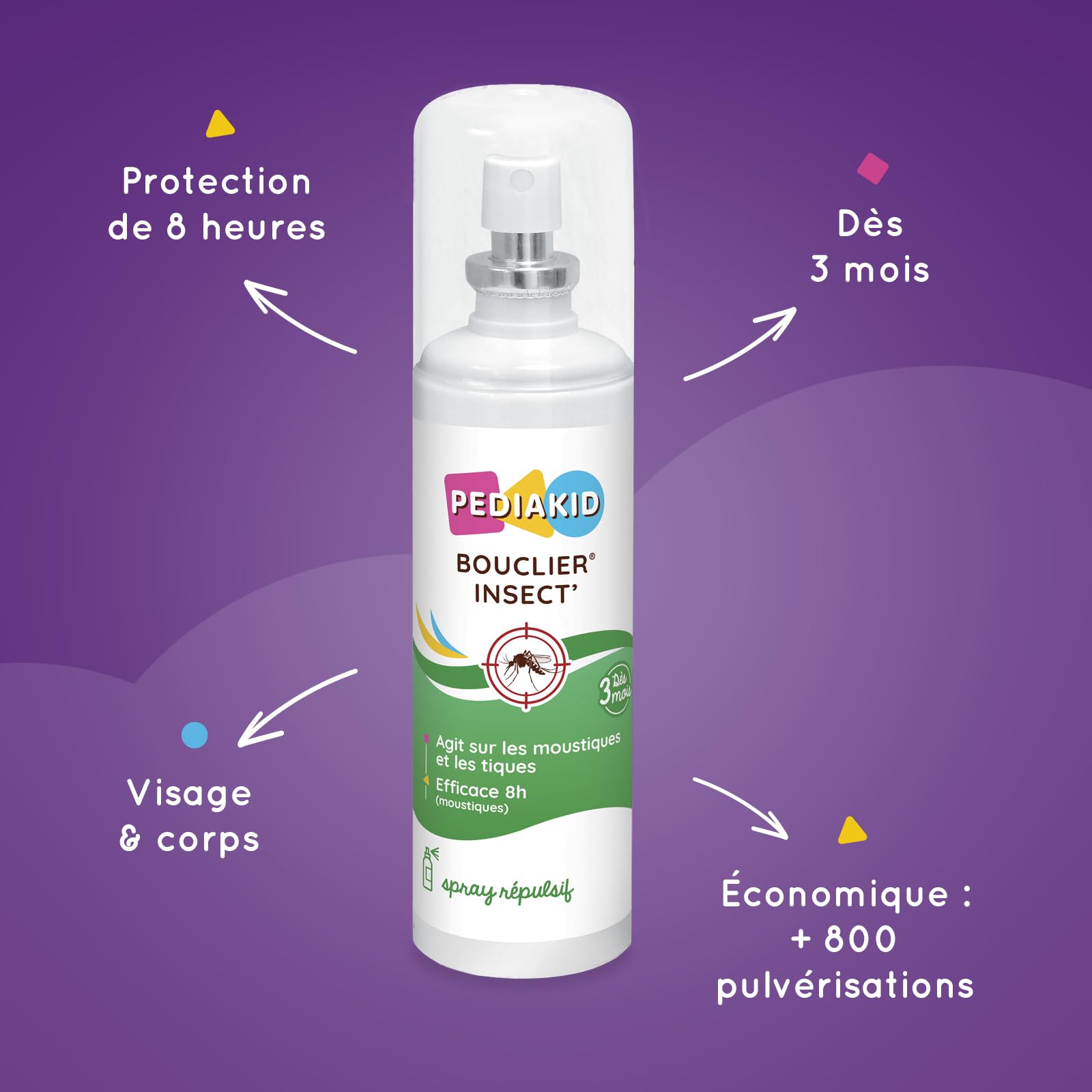 PEDIAKID - Bouclier Insect'- Spray Répulsif aux Huiles Essentielles - Contre les moustiques, tiques et guêpes - Dès 3 mois - 100ml