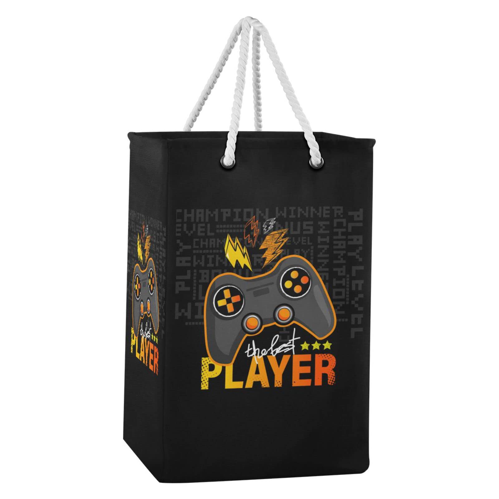 Orange Grey Game Joystick The Best Player Lightenings on Dark Collapsible Waterproof Laundry Hamper, Lightweight Washing Basket Bin Storage Organizer Bucket with Handles for Toys Clothes