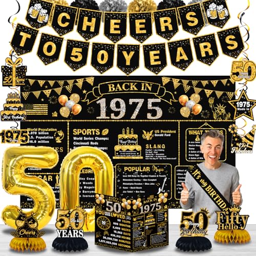 50th Birthday Decorations for Men Women, 22pcs Back in 1975 Banner Decorations,50 Number Balloons Large,50 th Birthday Backdrop, 1975 Guest Book, Honeycomb Centerpiece, Hanging Swirl, Paper Poms, Sash