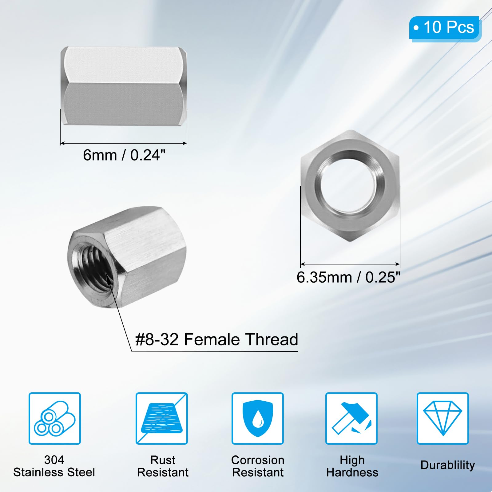 PATIKIL 8#-32 UNC 304 Stainless Steel Hex Coupling Nuts - Image 2