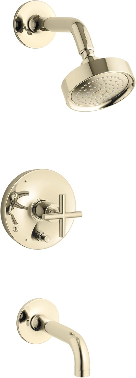 KOHLER K-T14421-3-AF Purist Rite-Temp Pressure-Balancing Bath and Shower Faucet Trim with Push-Button Diverter, 7-3/4" Spout and Cross Handle, Valve Not Included, Vibrant French Gold