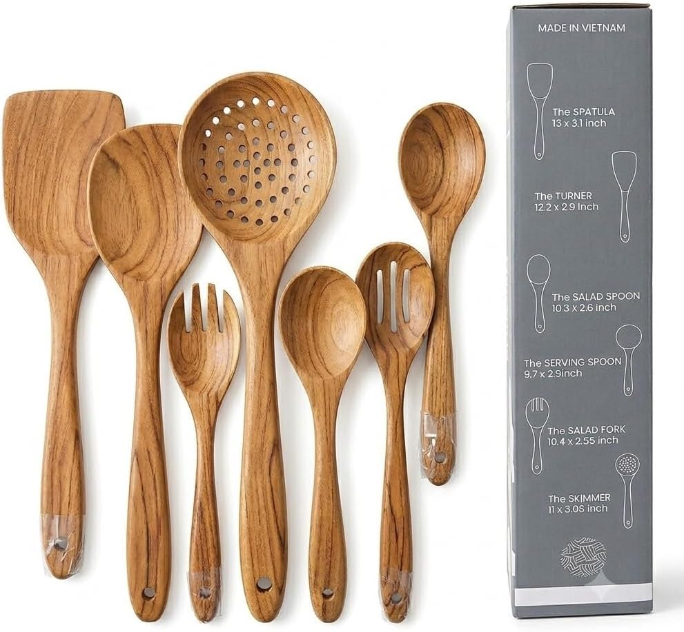 6 Piece Wooden Spoons for Cooking - Natural Acacia Wooden Utensil Set, Easy to Clean, Durable Smooth Finish with Comfort Grip Handles - Non Toxic Wooden Cooking Utensils Set