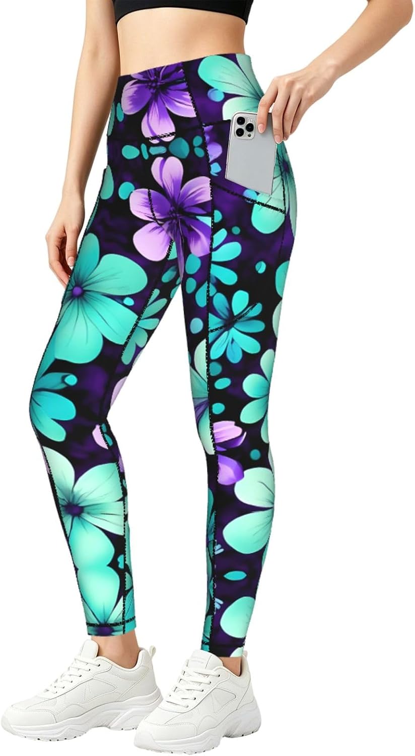 Purple and Teal Flowers Print Leggings for Women,High Waist Pants with Pockets,for Workout,Gym and Everyday Wear