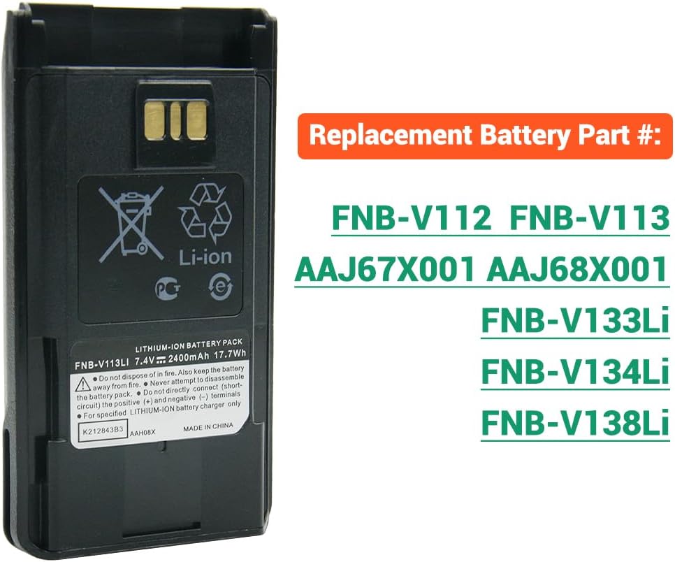 FNB-V113Li Li-ion Replacement Battery with Belt Clip for Vertex Standard VX-450 VX-451 VX-454 VX-459 Radios Fits P/N's FNB-V112Li FNB-V113Li(2 Pack)