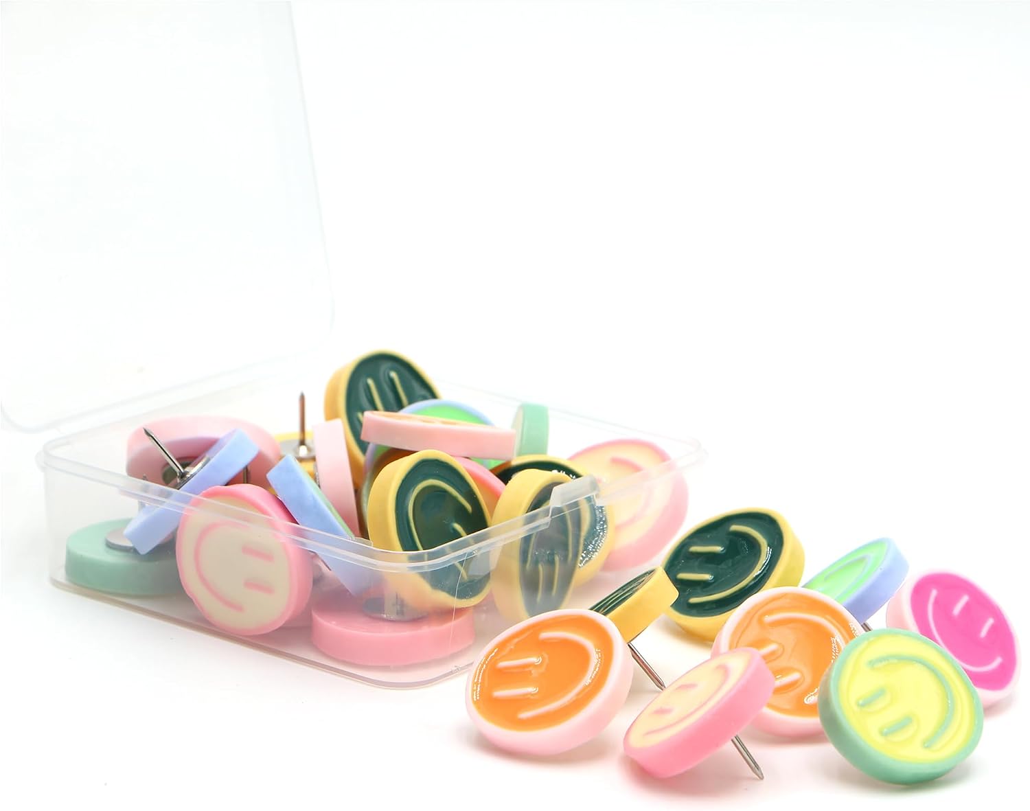 24 Smiley Face Decorative Push Pins, Cute Bulletin Board Push Pins, Thumbtacks for Cork Boards, Office Organization, or Home Décor