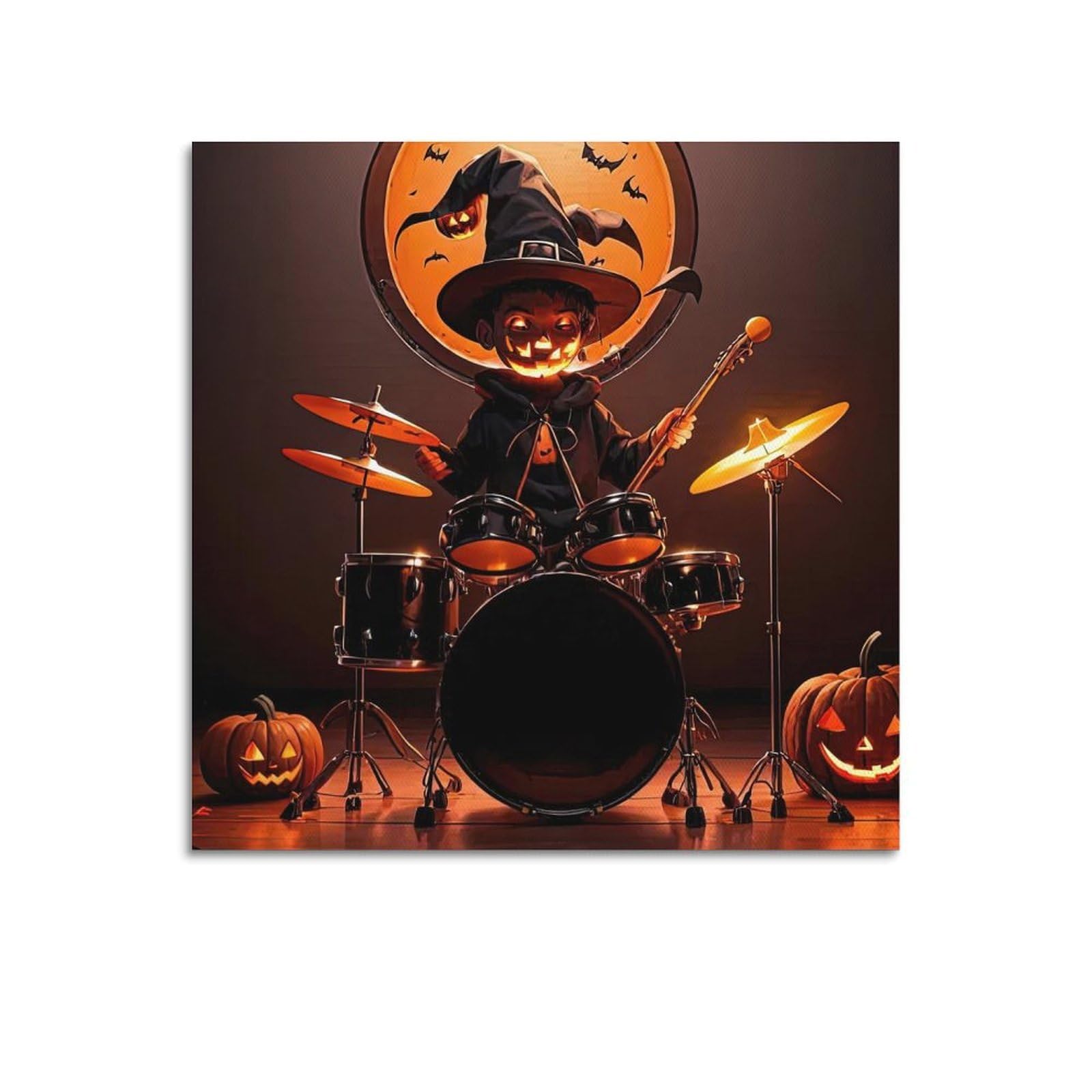 XKUGA Halloween Music Party Poster Vintage Pumpkin Ghost Drummer Modern Decorative Canvas Prints - Ideal Wall Art for Family, Man Cave, Game Room, Boys & Girls Bedroom 12x12inch(30x30cm)