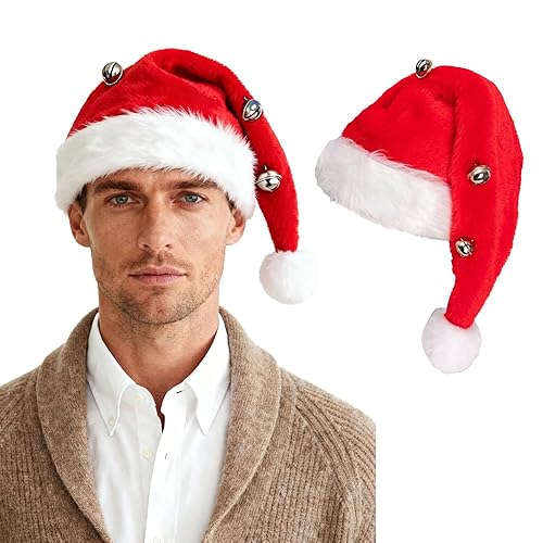 Christmas Santa Hat with Bells Unisex Red Fluff Holiday Hat