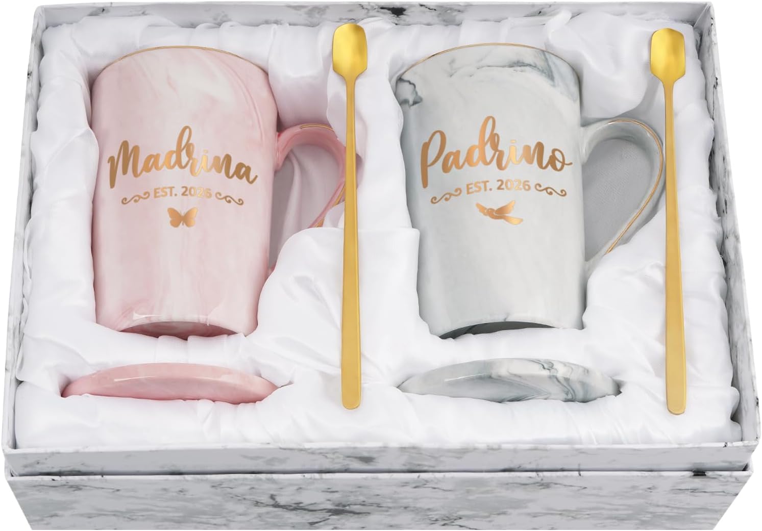 Maustic Godparents Proposal Gift, Padrinos Madrina Proposal Gift, Padrino Madrina Est 2026 Mugs Set, Will You Be My Godparents Gifts, Godmother Godfather Gifts for Baptism, 14 Oz Pink & Gray
