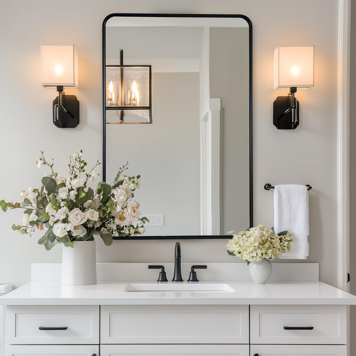 ANDY STAR Black Bathroom Mirror for Wall, 24x36 Inch Rounded Rectangle Mirror for Bathroom, Modern Tube Metal Framed Rectangular Mirror for Vanity, Explosion-Proof Film, Vertically/Horizontally Matte Black 36"L x 24"W