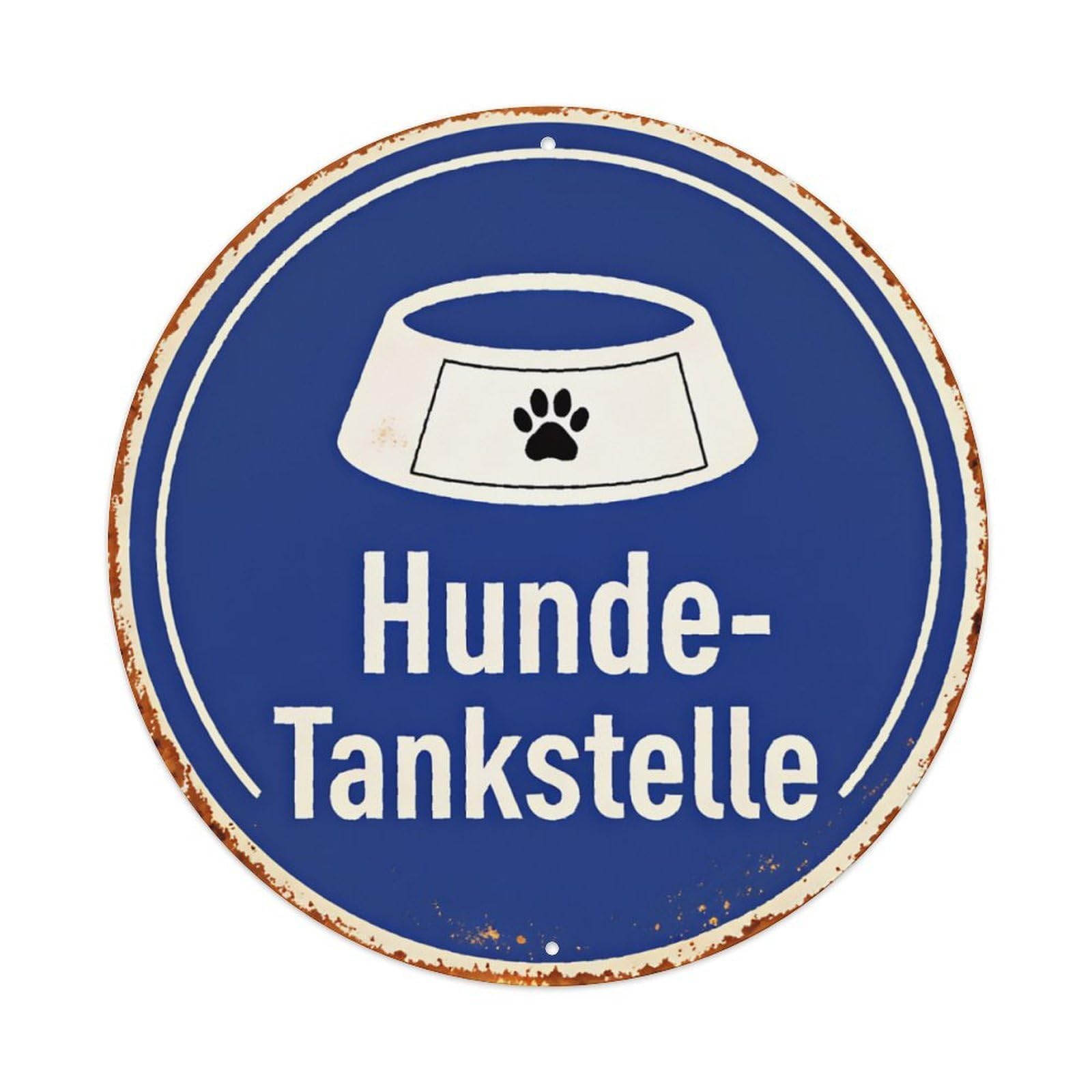 Hunde-Tankstelle German Pet Feeding Station Round Sign Vintage Aluminium Metal Sign, Retro Wall Decor for Home, Bar, Garage & Farmhouse 20x20cm