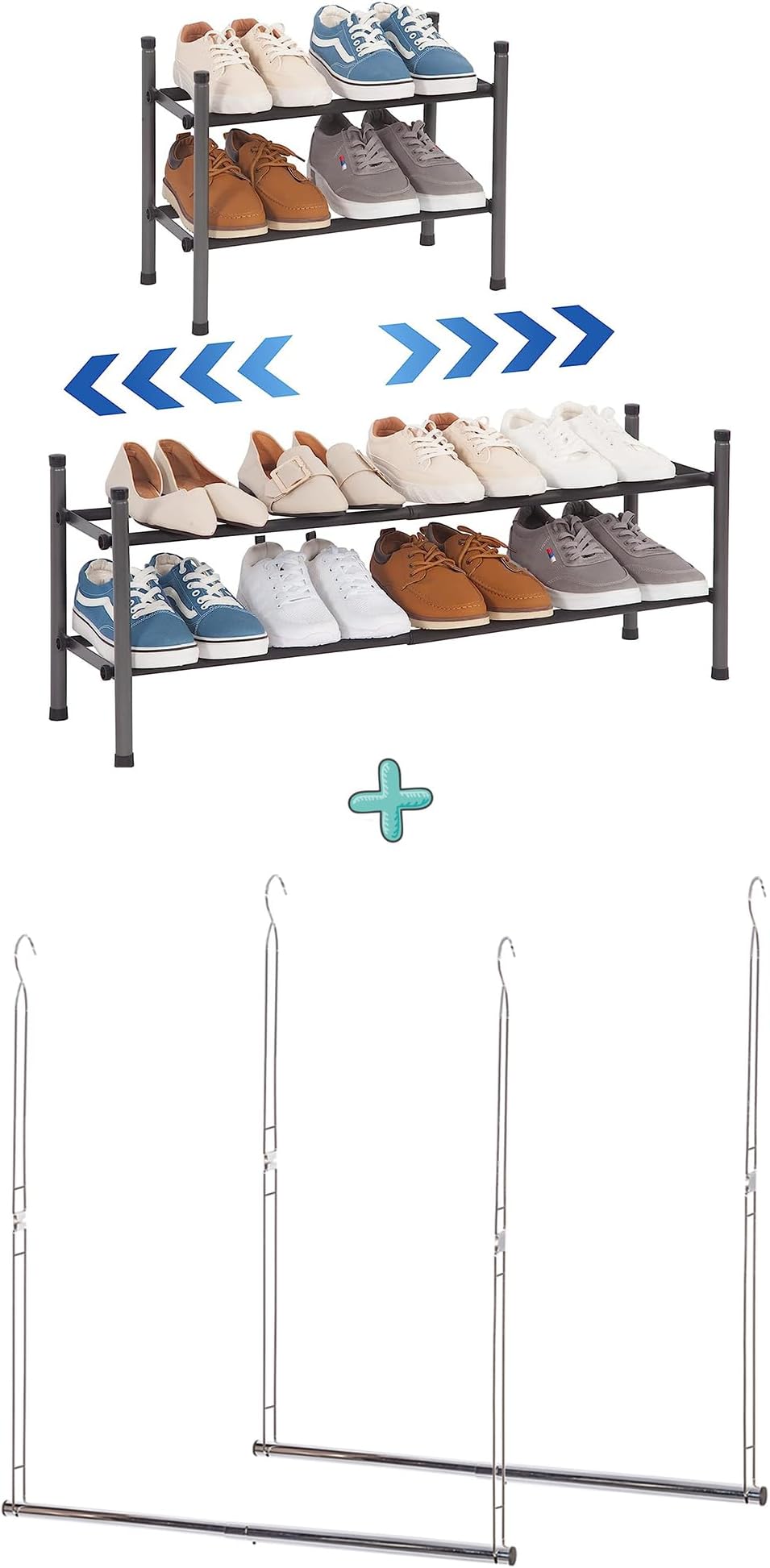 STORAGE MANIAC 2 Tier Expandable Shoe Rack + 2 Pack Hanging