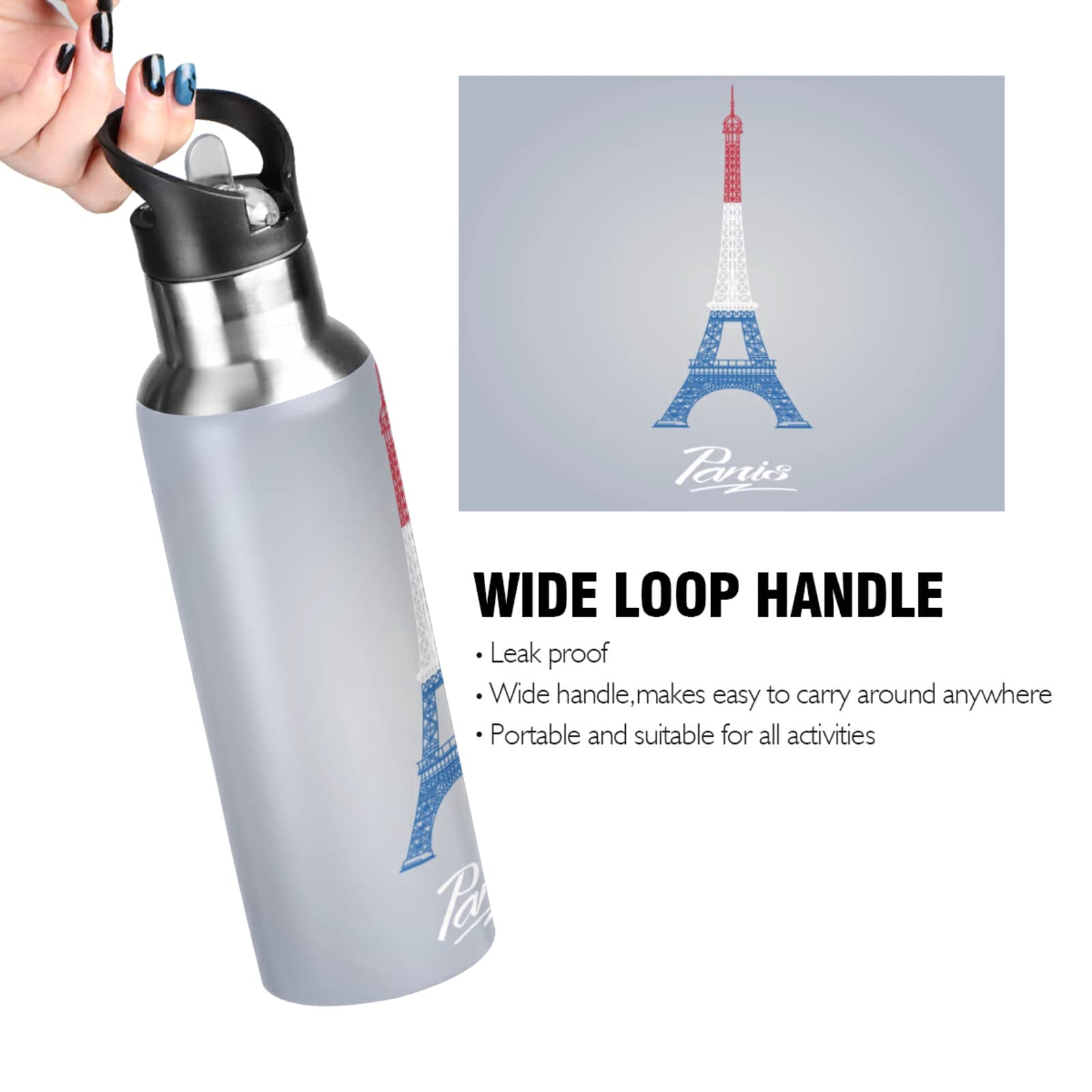 Vnurnrn Paris Eiffelturm Trinkflasche 600 Ml – Edelstahl, Vakuumisoliert, BPA-frei, Mit Strohhalm