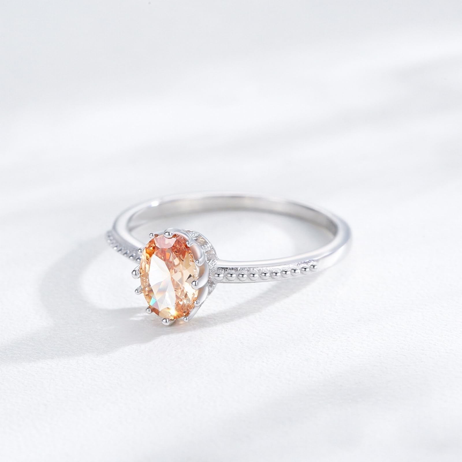 Anillo de oro blanco de 9 quilates para mujer, anillo de compromiso para mujer, 7 x 5 mm, zafiro de laboratorio, champán, 1 ct, sin piedras preciosas