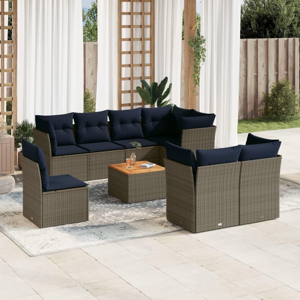 9 Piece Patio Sofa Set with Cushions Gray Poly Rattan Garden Furniture Set Garden Seating Ensemble for Deck Backyard