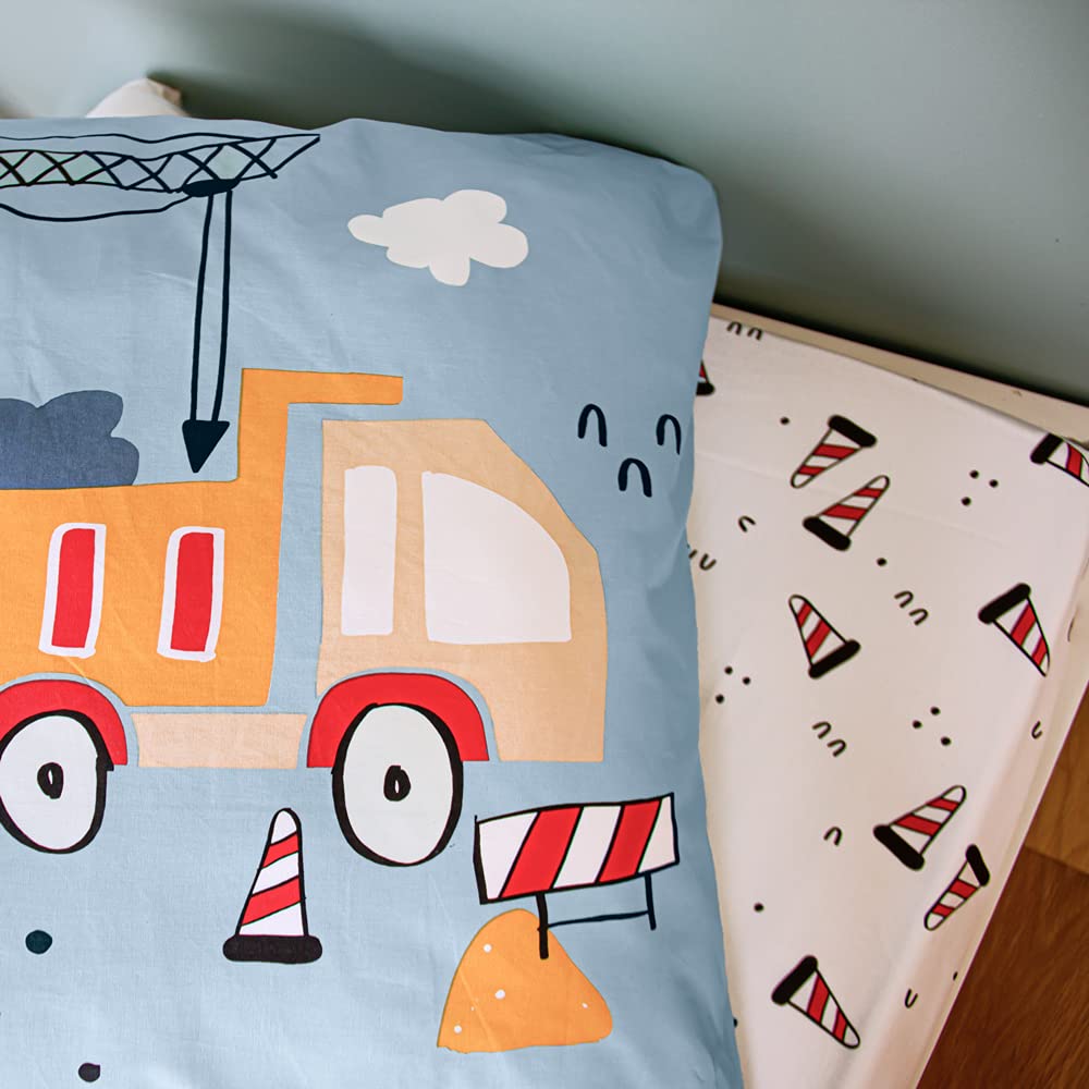 CÔTE DECO Parure da letto per bambini, reversibile, camion e trattore, blu, copripiumino 140 x 200 cm + 1 federa 63 x 63 cm, 100% cotone