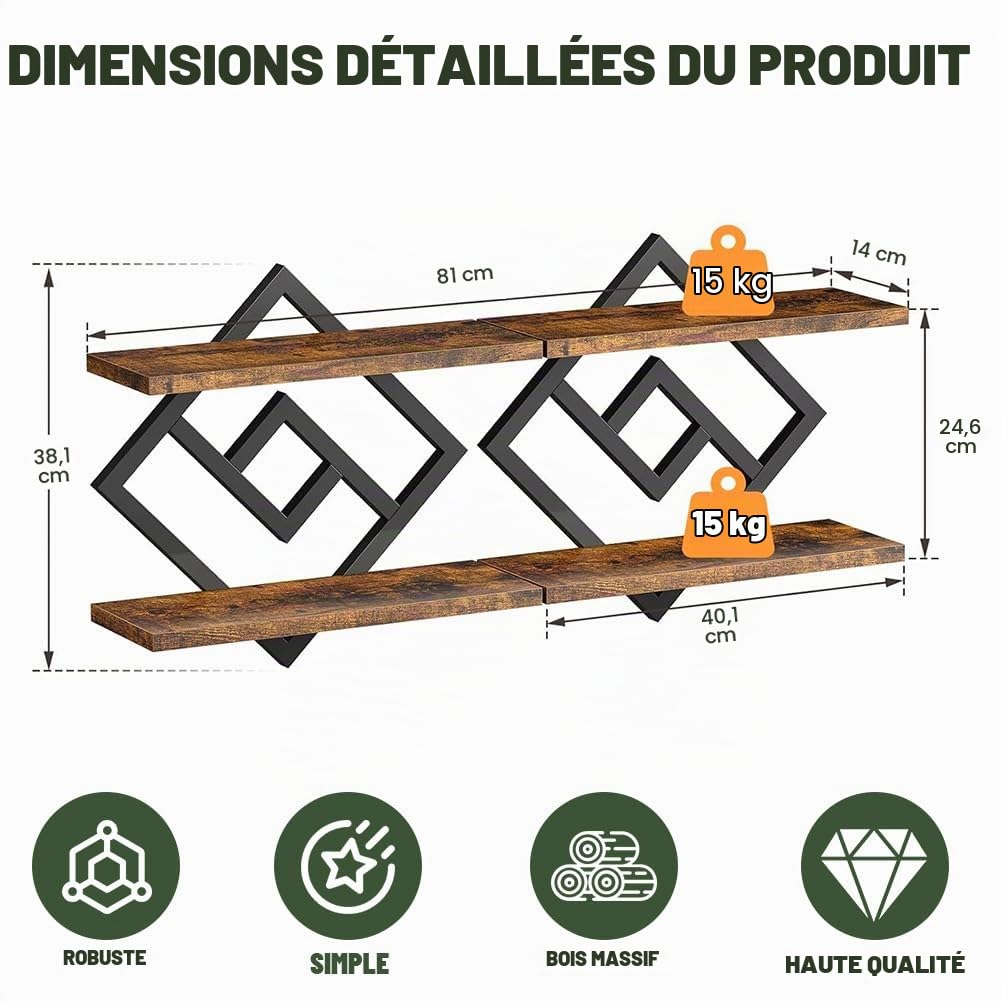 Lot de 2 étagères murales en bois et métal - Étagère flottante à 2 étages - Pour salon, chambre à coucher, cuisine, bureau - Noir (style B)