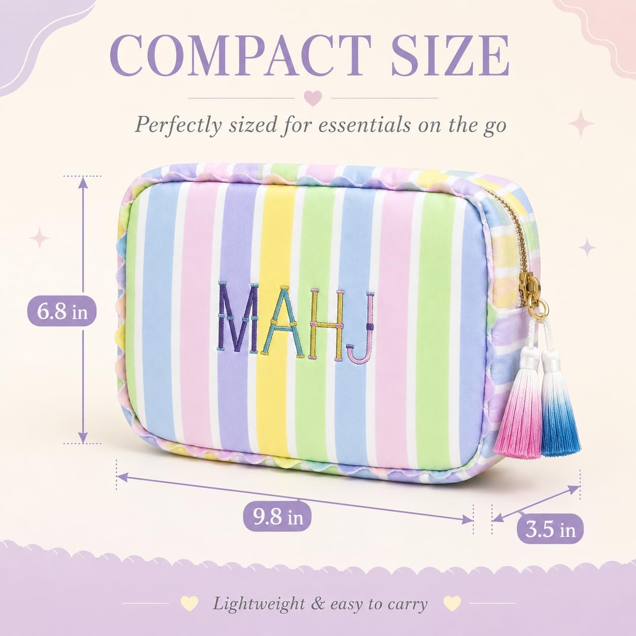 American Mahjong Tile Bag for 166 Tiles (1.2") – Multicolor Pastel Striped Embroidered “MAHJ” Storage Case, Thickened Canvas Zipper Pouch for Travel & Game Night, Bag Only