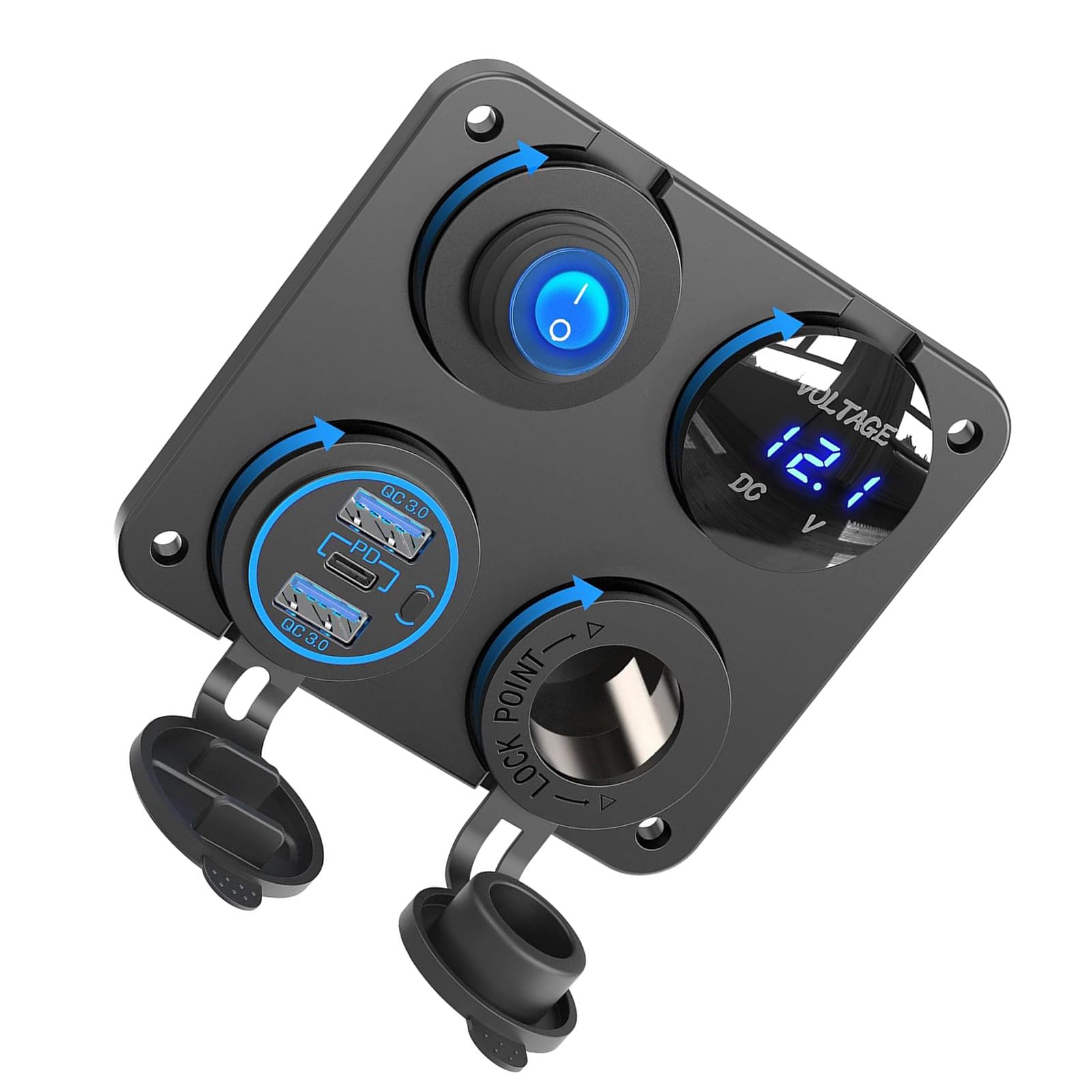 12-V-24-V Marine Ladegerät Steckdose mit Schnelllade Stromversorgung und digitalem Voltmeter ABS Ladesteckdosentafel, austauschbare Fahrzeugsteckdosen