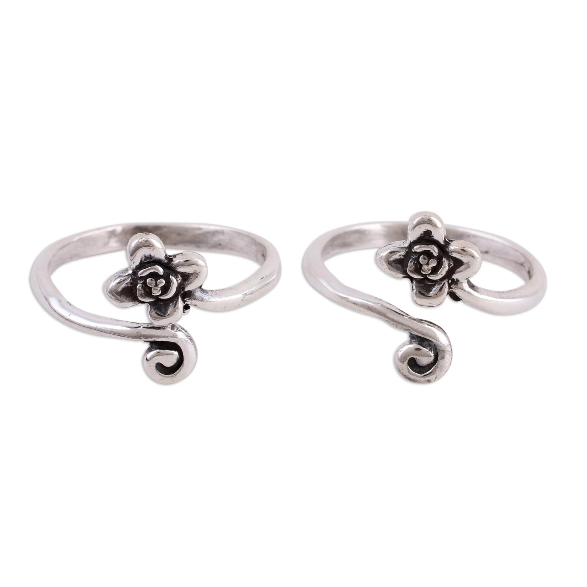 NOVICA Artisan Handmade Sterling Silver Toe Rings Flower Motif Pair India Floral [ 2 mm W] ' Flower and Swirl' Pair